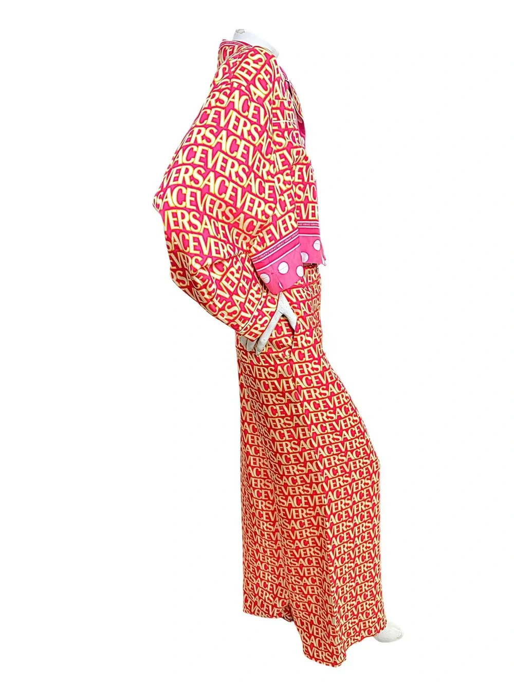 Versace x Dua Lipa 2023 Silk Logo Print Shirt & Wide Leg Pants Set